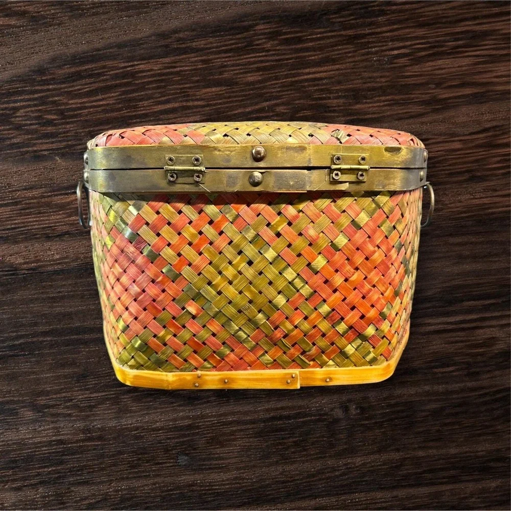 Vintage Woven Bamboo Brass Storage Box Hinged Lid Latch Handles 13